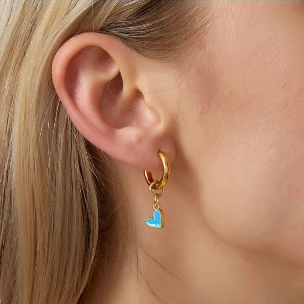 Gold Hoops Dangling Heart Drop Huggie Earrings - Picture 4 of 5